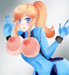 1girls blonde_hair blue_eyes blush bodysuit breasts exposed_breasts female gloves large_breasts long_hair metroid nintendo nipples pigtail saintxtail samus_aran zero_suit zero_suit_samus