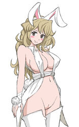 bare_shoulders blonde_hair blush breasts brown_eyes bunny_ears bunny_tail clothing dragon_quest dragon_quest_iii erect_nipples female hair_ornament jester_(dq3) large_breasts long_hair looking_at_viewer navel no_panties simple_background sketch smile40_(ogi) solo standing stockings tail thighhighs white_background white_legwear