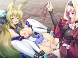 2girls ahoge animal_ears aqua_eyes areolae bare_shoulders belt black_bow black_panties black_thighhighs blonde_hair blue_skirt bondage bow breasts breasts_out censored character_request cleavage clothed_sex clothing collar cum cum_in_pussy duo exstia female fox_ears fox_girl fox_tail frills fur futanari game_cg hair hairband hairbow intersex kouyoku_senki_exs-tia large_breasts long_hair long_sleeves lusterise multiple_belts multiple_girls navel nipples orange_eyes panties penis pussy short_hair skirt smile straight_hair tail thighhighs white_panties