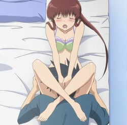 1boy 1boy1girl 1girls bed blush bra clothing cunnilingus hand_on_head kissxsis leg_lock long_hair open_mouth oral screencap stitched suminoe_keita suminoe_riko