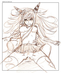 ale_(ale_halexxx) areolae blush bottomless breasts cowgirl_position danganronpa female fingerless_gloves halexxx jewelry long_hair mioda_ibuki monochrome navel necklace nipples no_bra painted_nails pussy sex shirtless skirt skirt_lift small_breasts solo straight_hair super_danganronpa_2 tattoo thighhighs torn_thighhighs vaginal_penetration wristband