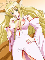 animal_ears blonde_hair breasts erect_nipples female fox_ears fox_tail gaen green_eyes humanoid large_breasts long_hair looking_at_viewer low-angle_shot multiple_tails nipples pubic_hair pussy tight_clothing uncensored