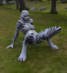 3d anthro ariadna breasts feline female fur furry mammal nipples nude pussy smile solo spread_legs spreading tiger tongue white_tiger