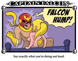 1boy 1girls blonde_hair captain_falcon collegehumor comedy crossover f-zero female funny gloves hair headgear helmet indoors joke male metroid nintendo samus_aran super_smash_bros.