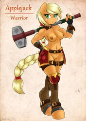 2015 ambris anthro anthrofied applejack_(mlp) armor blonde_hair braided_hair braided_tail breasts casual earth_pony equine female freckles friendship_is_magic fur green_eyes hair hammer horse long_hair mammal muscles muscular_female my_little_pony navel orange_fur pony pussy smile smooth_skin solo tools unconvincing_armor