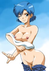 1girls blue_hair breasts erodon_hearts female female_only human nipples one_eye_closed short_hair solo super_real_mahjong super_real_mahjong_p4 wink yuu_(super_real_mahjong)