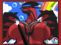 anthro areola avian big_breasts black_nipples blush breasts closed_eyes female female_only large_breasts legendary_pokemon nintendo nipples nnecgrau pokemon pokemon_(species) pokemon_amie sitting solo solo_focus standing stylus video_games yveltal