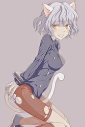 1girls animal_ears breasts cat_ears cat_girl cat_tail chimera_ant female female_only grey_hair handcuffs humanoid hunter_x_hunter neferpitou orange_eyes pale-skinned_female pale_skin plastic_erazer restrained short_hair shounen_jump solo tagme tail villainess wavy_hair white_hair