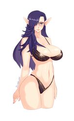 bikini blue_eyes blue_hair blush breasts cleavage elf female hair_over_one_eye highres iri-neko large_breasts long_hair navel pointy_ears solo standing