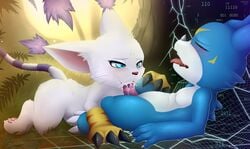 binary_code cum cum_in_mouth cum_inside digimon duo fellatio female forest gatomon lying male meraence on_back oral outdoors penis sex smile straight tongue tongue_out tree veemon