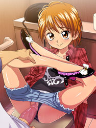 1boy 1girls androgynous black_panties blush brown_eyes brown_hair censored clothed_sex clothing condom condom_on_penis denim_shorts erection female heavy_breathing high_heels imminent_sex leg_grab legs_up male misumi_nagisa panties panties_aside penetration penis precure pretty_cure pussy raburebo safe_sex sex short_hair shorts shorts_down smile spread_legs thighs tomboy underwear vaginal_penetration