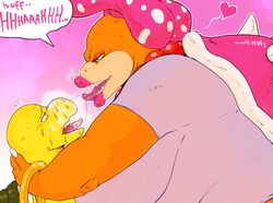 1boy 1girls big_breasts big_lips blue_eyes bow breasts breath breathing chubby drooling fat fat_woman female half-closed_eyes huge_breasts jewelry koopa koopa_troopa koopalings lipstick male mario_(series) necklace nintendo overweight pink_background repressed_(artist) saliva scalie simple_background size_difference sloppy smaller_male spiked_shell spitting text tongue tongue_out ugly_female video_games voluptuous wendy_o._koopa