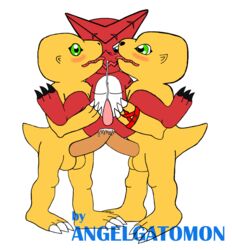 agumon anal anal_sex angelgatomon_(artist) balls blush cum cum_while_penetrated cumshot digimon erection licking licking_face looking_pleasured male male_only orgy penetration penis sex shoutmon trio yaoi