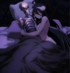 1girls ainz_ooal_gown albedo_(overlord) bed blush body_pillow dakimakura dakimakura_(object) female female_only horns nude overlord_(maruyama) screencap skeleton solo tagme wings