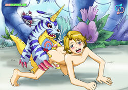 anal anus ass balls bbmbbf blonde_hair blue_eyes blue_fur buttjob color cum cum_on_back cumshot digimon digimon_(species) digimon_adventure digimon_adventure_02 digiphilia duo fur gabumon gay hair hand_on_ass horn human humanoid_penis interspecies male male_only mammal multiple_boys nude orgasm palcomix penis rear_deliveries red_eyes sex smile stripes tongue yamato_ishida yaoi yellow_penis yellow_skin