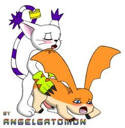 anal anal_sex angelgatomon_(artist) balls blush cum cum_while_penetrated cumshot digimon erection gatomon looking_pleasured lying male male_only patamon penetration penis tail yaoi