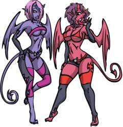 2girls covered_breasts eggplants female horns prostitution red_skin succubus tail tongue_out wings