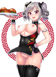 blush breasts edit female grey_hair idolmaster idolmaster_cinderella_girls kanzaki_ranko long_hair photoshop red_eyes solo_focus tied_hair twintails uncensored