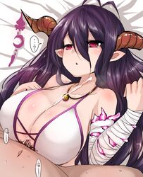 black_hair breasts danua doraf ejaculation_between_breasts female granblue_fantasy han_(jackpot) horns large_breasts long_hair paizuri pointy_ears red_eyes solo_focus