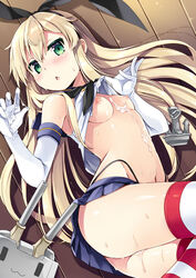 anchor_hair_ornament ass black_panties blonde_hair blush breasts crop_top cum cum_on_body cum_on_breasts cum_on_upper_body elbow_gloves female gloves green_eyes hair_ornament hairband highleg highleg_panties kantai_collection long_hair looking_at_viewer lying miniskirt natsume_eri navel nipples on_side open_mouth panties pussy_juice shimakaze_(kantai_collection) shirt_lift skirt small_breasts solo striped striped_legwear sweat thighhighs underwear white_gloves