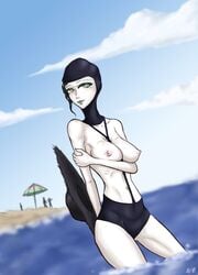 areolae beach blue_sky breasts breasts_out female hat monokini ocean pale_skin swim_cap swimsuit