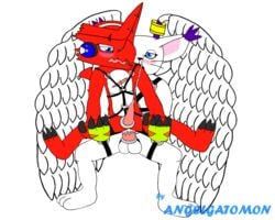 anal anal_sex angel_wings angelgatomon_(angelgato) angelgatomon_(artist) axl_shoutmon balls blush cock_ring cum cum_while_penetrated cumshot digimon erection gatomon harness leather looking_pleasured male male_only penetration penis sex shoutmon tail wings yaoi