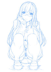 breasts cleavage crotchless_panties female glasses long_hair looking_at_viewer monochrome mushi024 open_clothes panties patchouli_knowledge pubic_hair pussy simple_background solo squatting thighhighs touhou uncensored underwear white_background