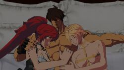 1boy 2girls 3d after_sex bed guilty_gear guilty_gear_strive jack-o'_valentine lolikill millia_rage sleeping sol_badguy