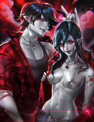 adventure_time black_hair breasts casual fangs female grey_skin long_hair male marceline marshal_lee medium_breasts navel neckwear nipples open_clothes open_shirt pale_skin pointy_ears red_eyes sakimichan shirt tattoo