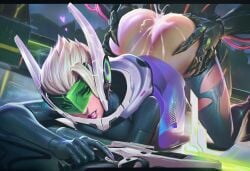 project_series project_league_of_legends project_quinn quinn league_of_legends league_of_legends:_wild_rift ai_generated ai_assisted ai_art aisei blonde_hair white_hair rainy night cybernetics robot_humanoid robot_girl robot prismatic_scales glitch futuristic futuristic_armor futuristic_clothing cyberpunk cybernetic_limb ass_grab ass_up doggy_style doggystyle doggy_style_position sex sex_from_behind looking_back robot_penis robot_on_human robot_anthro cape gun weapon