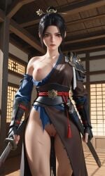 3d ai_generated bai_wuchang blood chinese_female koihi nipples pussy pussy_juice scars sword wuchang:_fallen_feathers