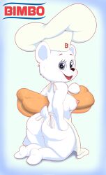 2017 anthro apron apron_only areola ass bear bimbo_(bakery) bimbo_bear black_nose blue_eyes blush bread breasts chef_hat clothed clothing english_text featureless_feet featureless_hands feet female food fur furry hat headgear headwear hi_res looking_at_viewer looking_back mammal mascot mitten_hands mostly_nude nipples open_mouth open_smile pink_areola pink_nipples polar_bear riipley simple_background smile solo text text_on_clothing text_on_headwear thick_thighs tongue ursine white_body white_fur wide_hips