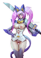 1girls blue_eyes boots breasts eye_patch female female_only gloves hand_on_hip large_breasts nipples paul_kwon pink_hair pubic_hair pussy solo standing sword thigh_gap weapon zeronis