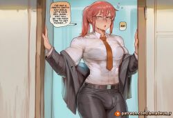 1futa ai_generated amadeus_v belt black_bra black_pants blush bottomwear bra bra_visible_through_clothes bulge business_suit clothed clothing collared_shirt dialogue english_text eyewear female futa_on_female futa_with_female futanari genderswap_(ftm) genital_outline glasses hair jacket kobayashi kobayashi-san_chi_no_maidragon looking_at_viewer male male_focus muscular necktie office_lady open_mouth pants ponytail red_hair see-through see-through_shirt shirt solo speech_bubble suit sweat tagme text topwear underwear wet wet_clothes white_shirt