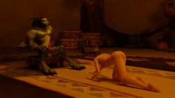 1boy 1girl 3d animal_genitalia animal_penis blindfold breasts brown_eyes canine_penis female furry furry_male gray_hair horny horny_female human human_(world_of_warcraft) human_female knot knotted_penis male male/female nude nude_female penis roleplay_character short_hair werewolf worgen worgen_male world_of_warcraft