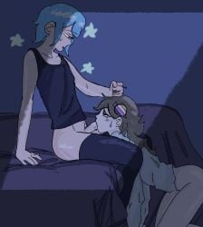 1boy 1enby bedsheets blowjob blue_hair bottomless dark_room fellatio femboy femboy_on_female hair_pull nonbinary nonbinary_(lore) nonbinary_flag nonbinary_pride_colors rndmpornart rndmpornart_(oc) she/they stars tagme twink