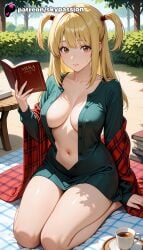 1girls 2025 ai_assisted ai_generated amane_misa anime artist_name blonde_hair book book_stack bookmark bookshelf breasts bust coffee coffee_mug death_note explicit floating_book hi_res high_quality high_resolution highres holding holding_book menu misa_amane mole mug navel no_bra open_book patreon patreon_username reading sitting skypassion stable_diffusion teacup teapot two_side_up watermark yokozuwari