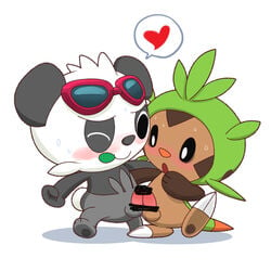 :o anthro balls barefoot bear big_head blush censored chespin claws cute erection eyewear fur glasses grinding heart hinako leaf looking_down male mammal nintendo nude one_eye_closed open_mouth pancham panda penis pokemon round_ears sharp_claws smile standing toe_claws video_games yaoi