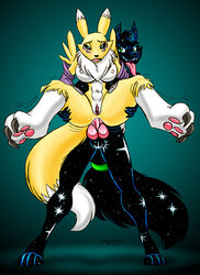 anal anal_sex animal_genitalia anthro balls black_sclera blue_eyes blush breasts canine_penis claws clothes digimon duo elbow_gloves female fur gloves green_eyes jilo knot male neck_tuft open_mouth pawpads penetration penis pussy renamon sex stand_and_carry_position standing stick_(satel) straight tongue tongue_out tuft vein wide_hips