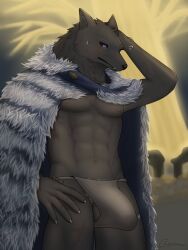 2022 3:4 abs absurd_res anthro areola arm_scar artist_name balls bara biped black_nose black_sclera blaidd_(elden_ring) blue_cape blue_clothing blush blush_lines bodily_fluids bulge canid canine canis cape cheek_tuft chest_scar claws clothed clothed_anthro clothed_male clothing detailed_bulge digital_media_(artwork) elden_ring erdtree erection erection_under_clothing facial_scar facial_tuft finger_claws fingers flying_sweatdrops fromsoftware fur genitals glistening glistening_eyes grey_balls grey_body grey_fur grey_inner_ear_fluff hand_on_head hand_on_hip hi_res inner_ear_fluff leg_scar looking_down luto_tori male male_anthro male_only mammal navel nipples pantsless pantsless_anthro pantsless_male pink_areola pink_nipples pointy_ears pubes purple_eyes scar solo solo_male sweat sweatdrop teeth text tuft underwear white_pubes wolf