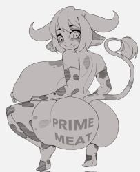 animal_ears black_and_white branded branding_mark cow_ears cow_girl cow_horns cow_print cow_tail dark-skinned_female dark_skin human_livestock large_ass large_breasts nipple_piercing shortstack silvy_sharpbrim squatting strongmoist women_livestock