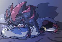 angelofhapiness blue_fur blush clothing cum dakimakura_(object) footwear furry gloves hedgehog male male_only mammal one_eye_closed open_mouth red_eyes shadow_the_hedgehog shoes solo sonic_(series) sonic_the_hedgehog sweat tears