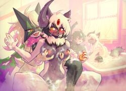 2026 absol anthro anthro_on_anthro areola biped blush breasts claws countershade_torso countershading digital_drawing_(artwork) digital_media_(artwork) female female/female female_anthro fingers fur generation_3_pokemon generation_9_pokemon group hi_res horn inside medium_breasts meowscarada navel nintendo nipples nude nude_anthro nude_female pink_areola pink_nipples pokemon pokemon_(species) sitting smile teeth tenebscuro tongue wet