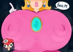 1boy 1girls big_breasts big_nipples black_eyes blonde_hair blue_earrings breasts_focus clothed dress earrings english_text female female_focus hat huge_breasts huge_nipples human hyper hyper_breasts light_skin light_skinned_female lips long_hair male mario mario_(series) meme moustache nintendo nipple_bulge nipple_outline nipples_visible_through_clothing ota_(artist) pink_clothing pink_dress pink_lips pointing princess_peach red_hat simple_background speech_bubble text thick_lips triple_aaa_mario_meme white_gloves