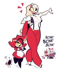 1boy 1other 3girls bug charlie_morningstar charlie_morningstar_(hazbin_hotel) cyclops demon demon_girl female goodbyellow hazbin_hotel height_difference imp knife male niffty sharp_teeth smile suspenders tagme vaggie_(hazbin_hotel) verbalase_(youtuber) yellow_sclera