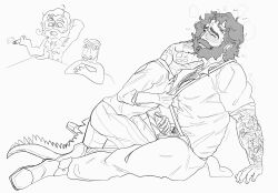 2boys alligator beard bite bite_mark body_hair claws clothing clothing_aside fire_genasi gideon_coal hairy handjob hickey horn kremy_lecroux legends_of_avantris line_art male male/male male_domination male_only masturbating_other masturbation semi_nude sketch suspenders tail uncensored