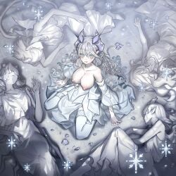 1girls 5girls ai_generated areolae ariane_the_labrynth_servant arianna_the_labrynth_servant arias_the_labrynth_butler card closed_mouth demon demon_girl demon_horns demon_tail demon_wings dress duel_monster female female_only fringe gloves grey_eyes hi_res high-angle_view huge_breasts indoors kneeling konami labrynth_of_the_silver_castle lady_labrynth_of_the_silver_castle large_breasts legwear light_skin lonely loner long_hair looking_at_viewer lovely_labrynth_of_the_silver_castle nipples no_bra pale_skin pointy_ears princess queen sad sadness shy silver_eyes sitting solo statue teenage_girl teenager vogelman white_dress white_hair wings yu-gi-oh! yu-gi-oh!_master_duel