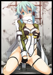 asada_shino blue_eyes blue_hair breasts female fingering fingerless_gloves gloves gun_gale_online looking_at_viewer masturbation pov pussy_juice scarf shikei short_hair sinon solo sword_art_online sword_art_online:_phantom_bullet