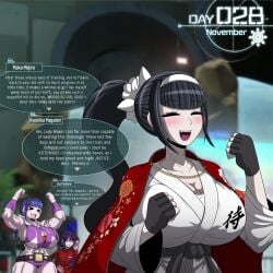 >_< >w< 1boy 2girls :3 abs arms_up bangs bare_shoulders belly_button belt big_breasts black_belt blush blush_stickers braid braided_hair braided_twintails breasts buff buff_female busty cape championship_belt cleavage closed_eyes clothed clothing comic curvaceous curvy curvy_female curvy_figure dialogue dougi english_text eyelashes fangs female femboy fingerless_gloves fully_clothed game_ui gi gloves gold_(metal) gold_chain gold_jewelry gold_necklace hairband hand_on_hip happy heart hoodie huge_breasts indoors jewelry kanji kyoshika_magadori large_breasts light-skinned_female light-skinned_male light_skin long_hair long_sleeves magadori_kyoushika male massive_breasts midriff mojiro_moko moko_mojiro multiple_girls muscles muscular muscular_female navel naver no_nut_november open_mouth page_9 pale-skinned_female pale-skinned_male pale_skin ponytail pool poolside purple_hair red_cape red_uniform school school_uniform scrunchie sharp_teeth shiny_hair short_hair sideboob smile smiling speech_bubble tears tears_of_joy text the_hundred_line_-last_defense_academy- thick_thighs thighs tied_hair tongue too_kyo_games tsukumo_ima twin_braids twink twintails vein veins veiny_muscles voluptuous voluptuous_female white_hairband white_scrunchie wide_hips wrestling_belt