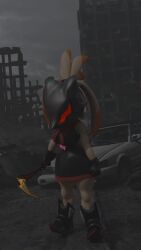 sfw 3d 3d_(artwork) senna_source self_upload blender_(software) blender blender_cycles 3d_render infinite_the_jackal infinite_(sonic) cream_the_rabbit sega sonic_(series) sonic_the_hedgehog_(series) sonic_advance_2 sonic_forces model_release detailed_background looking_at_viewer female female_only female_focus weapon dress anthro fur furry furry_only furry_female rabbit humanoid rabbit_ears rabbit_tail rabbit_girl rabbit_humanoid hair long_ears bunny_ears bunny_girl bunny_tail bunny mask shoes gloves orange_hair tan_hair two-tone_hair two_tone_hair tan_body tan_fur tan_skin tan_skinned_female ruins destruction city city_background dark_dress black_dress outfit clothing cosplay mobian_(species) mobian mobian_rabbit car gem curvy curvy_figure curvy_female